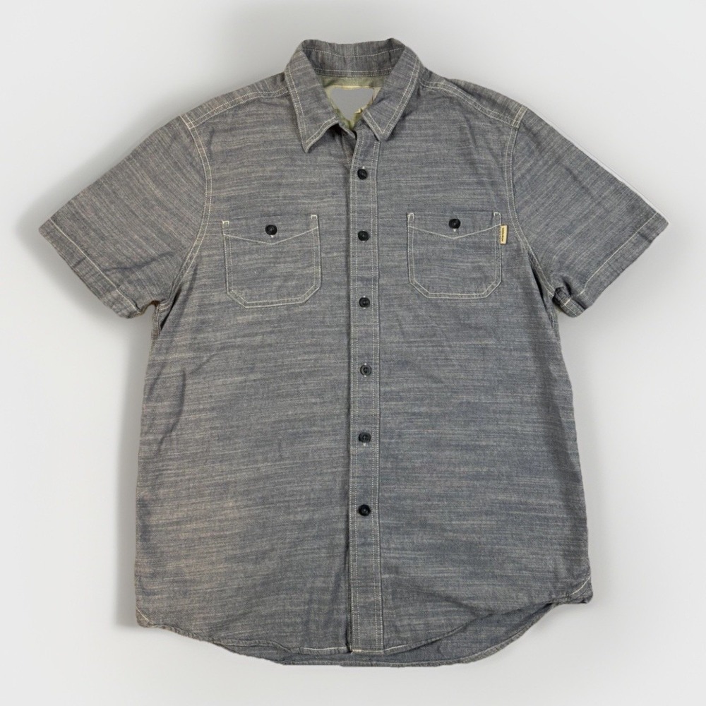 Woolrich Shirt Men's Medium Gray Chambray Contrast Stitch Button Up Cotton - Picture 1 of 8